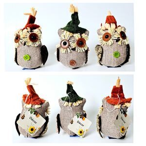 Scarecrow OWLS Lot 3 Burlap Halloween Fall Thanksgiving Ornaments Harvest NWT!